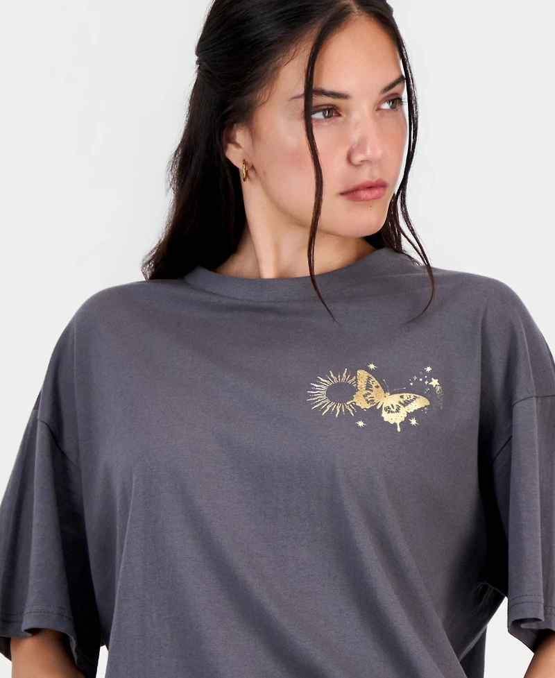 Rebellious One Juniors' Cotton Butterfly Graphic T-Shirt