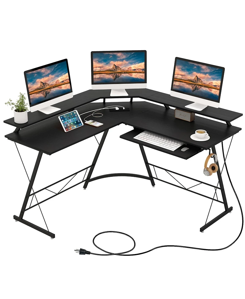 Gouun L-shaped Computer Desk with Power Outlet and Monitor Stand