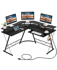 Gouun L-shaped Computer Desk with Power Outlet and Monitor Stand