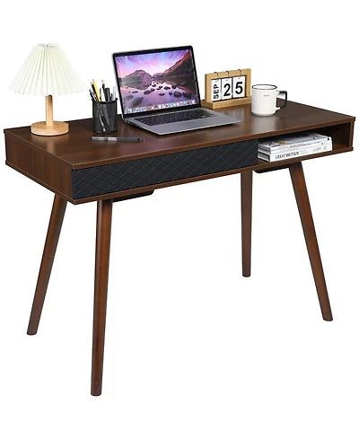 homfan Space-Saving Mid-Century Writing Desk - Computer Table with Drawer and Open Cubby - Sturdy Wood - Easy Assembly