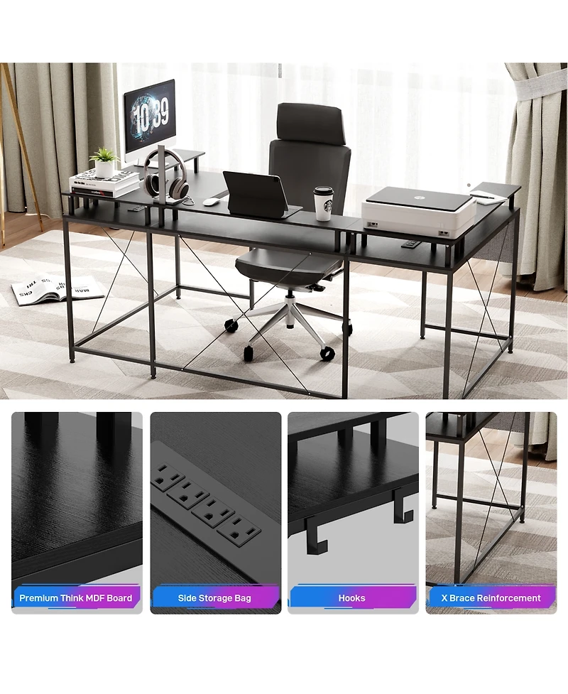 homfan U-Shaped Reversible Office Desk with Power Outlets, Rgb Led Lights, Monitor Stand, Storage Shelves, Large Corner Computer Table for Home