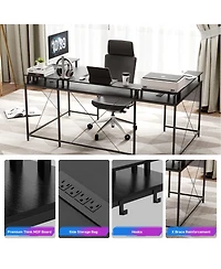 homfan U-Shaped Reversible Office Desk with Power Outlets, Rgb Led Lights, Monitor Stand, Storage Shelves, Large Corner Computer Table for Home