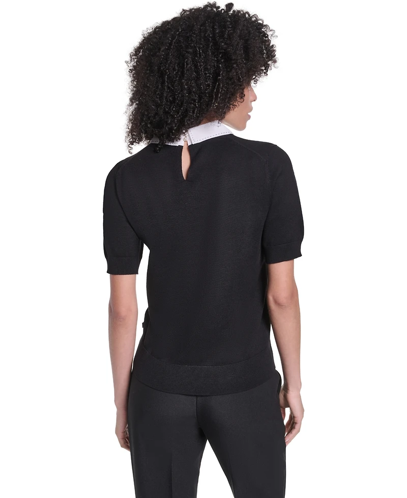 Karl Lagerfeld Paris Women's Short-Sleeve Collared Keyhole Sweater