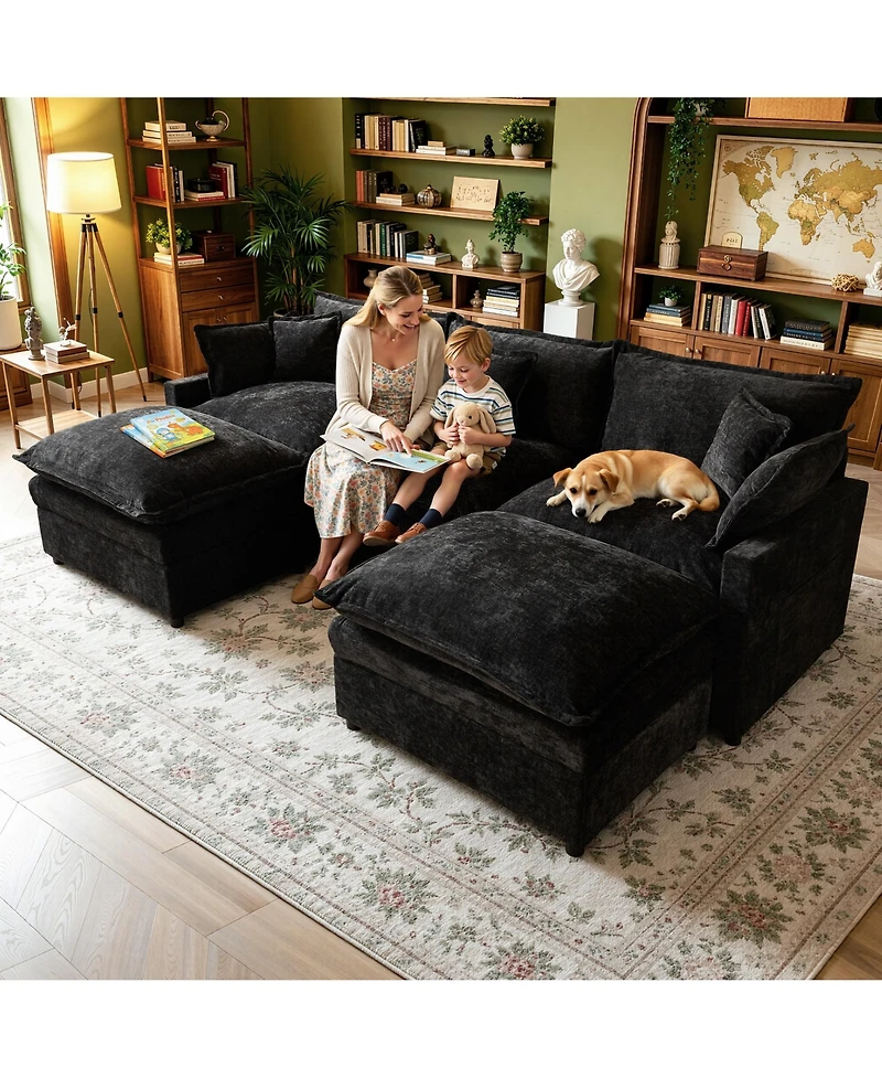 Xizzi 108" U-Shaped Modular Sectional Sofa with 2 Ottoman, Comfy Chenille Cloud Couch Deep Seat Bed 5 Pillows for Living Room, 5-Seater