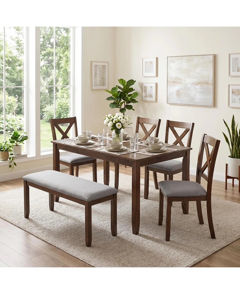 Casainc 6 Piece Wooden Dining Table Set with Table, 4 Upholstered Chairs and Bench