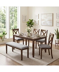 Casainc 6 Piece Wooden Dining Table Set with Table, 4 Upholstered Chairs and Bench