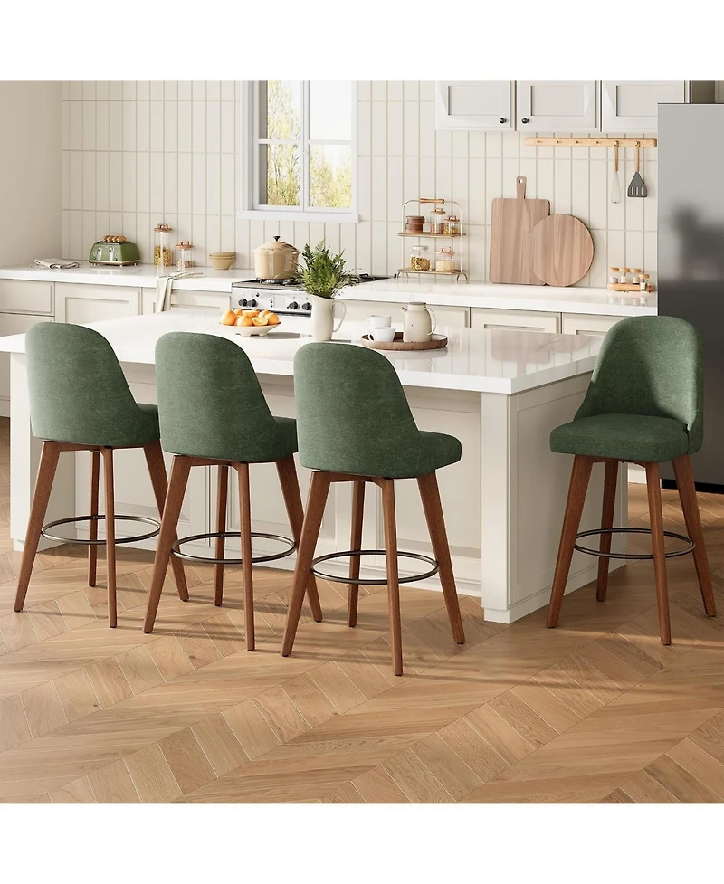 gaomon Set of 4 Green 26" Swivel Counter Height Bar Stools, Linen Upholstered with Wood Legs