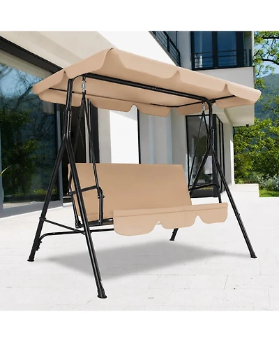 GarveeLife 3 Seat Outdoor Porch Swing with Adjustable Canopy, Patio Chair Stand, Metal Frame, Thick Cushions, 500 lb Capacity