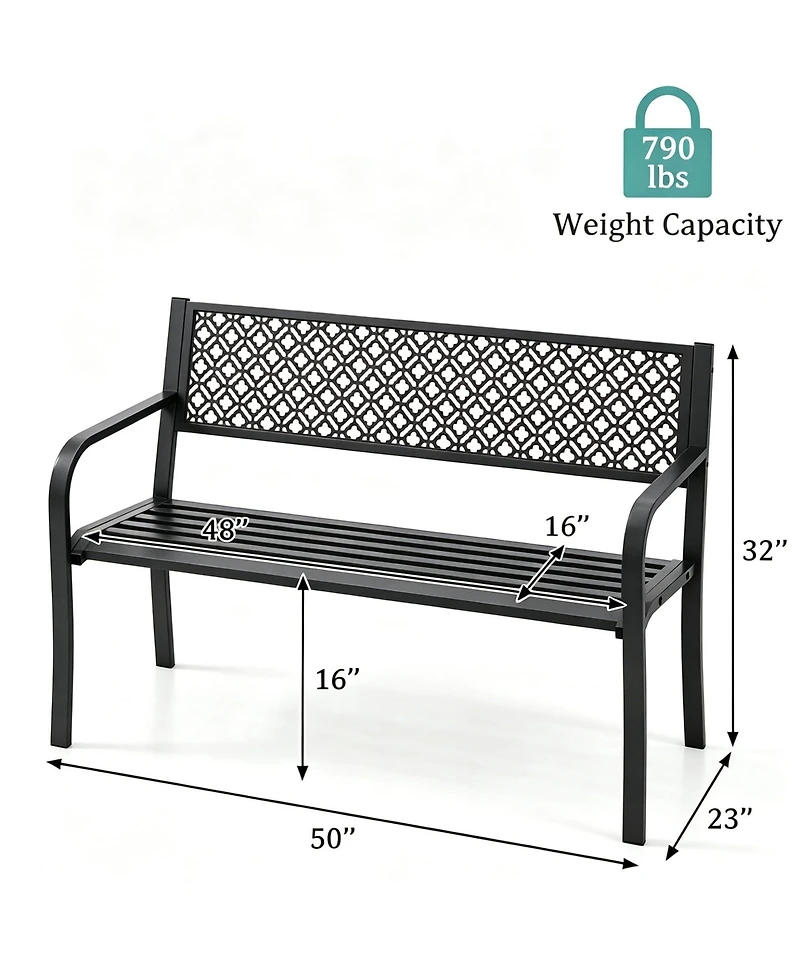 GarveeLife Heavy Duty Outdoor Metal Garden Bench for 2 Persons - Steel Patio Seating 790 lbs Capacity Weather Resistant Geometric Backrest