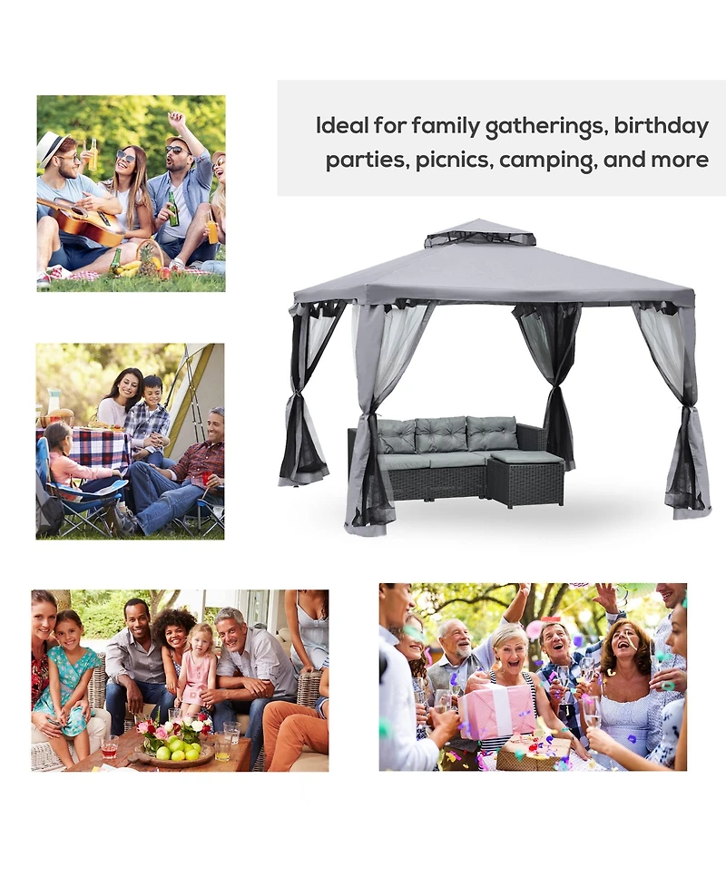 Outsunny 10' x 10' Patio Gazebo Outdoor Canopy Shelter with 2-Tier Roof and Netting, Steel Frame for Garden, Lawn, Backyard and Deck, Grey