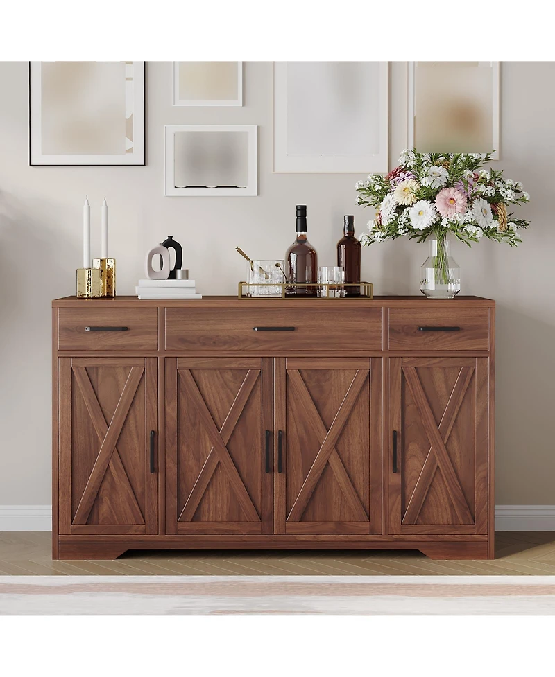gaomon 55" Sideboard Buffet Cabinet, Wooden Coffee Bar Cabinet with 3 Drawers and Adjustable Shelf, Floor Cupboard for Kitchen, Living Room