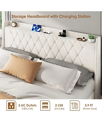 gaomon King Size Bed Frame with Storage, Velvet Upholstered Platform Bed Frame with Crystal Tufted Headboard, Charging Station