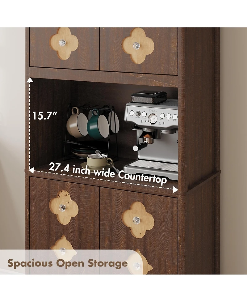 homfan Pantry Cabinet with Carved Door, 72" Tall Kitchen Hutch Storage Countertop for Microwave,Freestanding Wooden Cupboard
