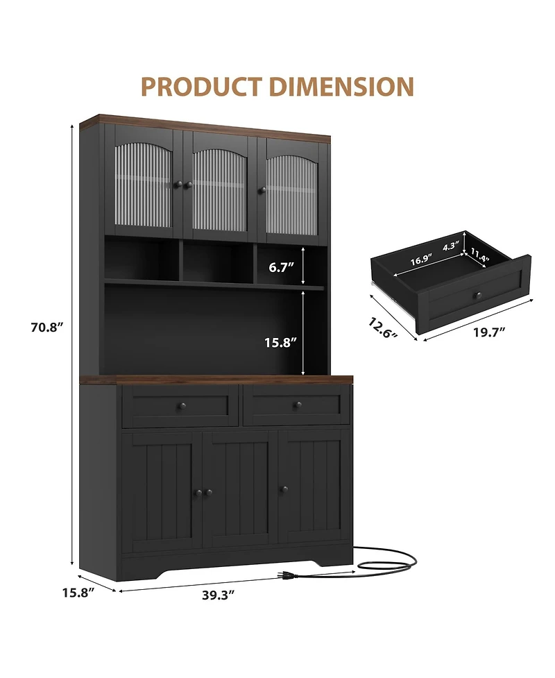 homfan 71" Tall Pantry Cabinet with Charging Station, Fluted Glass and Drawers, Farmhouse Kitchen Hutch for Living Room
