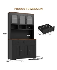 homfan 71" Tall Pantry Cabinet with Charging Station, Fluted Glass and Drawers, Farmhouse Kitchen Hutch for Living Room