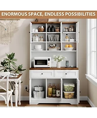 homfan 71" Tall Pantry Cabinet with Charging Station, Fluted Glass and Drawers, Farmhouse Kitchen Hutch for Living Room