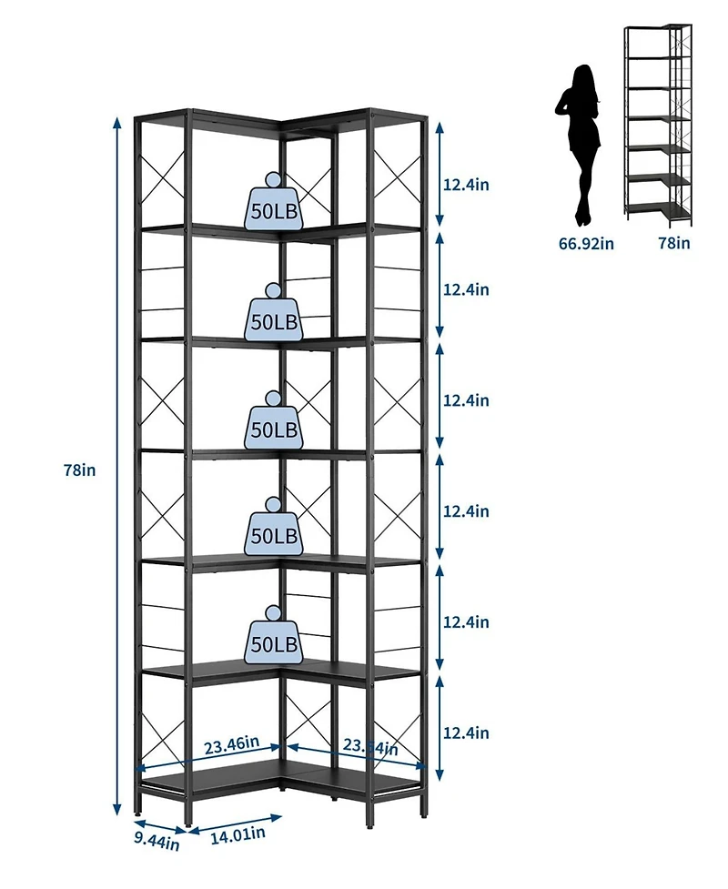 homfan 7-Tier Industrial Corner Bookshelf Freestanding L-Shaped Metal and Wood Bookcase with Adjustable Feet Space-Saving Display Storage Rack