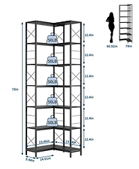 homfan 7-Tier Industrial Corner Bookshelf Freestanding L-Shaped Metal and Wood Bookcase with Adjustable Feet Space-Saving Display Storage Rack