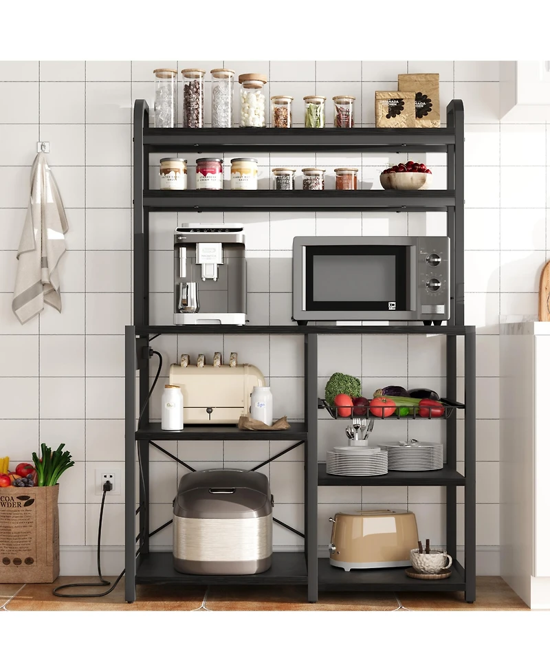 homfan 6-Tier Childs Storage Bookshelf with Power Outlet - Spacious Bookcase and Cabinet Microwave Stand, Coffee Bar, Industrial Organizer