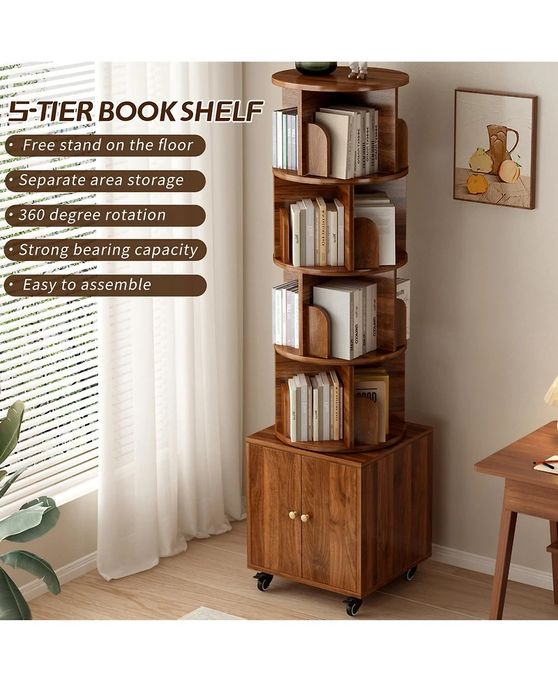 sumyeg 360 Degree Rotating Display Cabinet 5 Tier Corner Bookshelf with Drawer