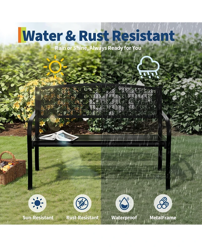 GarveeLife 50" Outdoor Metal Garden Bench, Patio Steel Bench with Curved Backrest, Decorative Pattern, Weather-Resistant Porch for Yard, Park