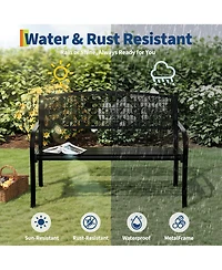 GarveeLife 50" Outdoor Metal Garden Bench, Patio Steel Bench with Curved Backrest, Decorative Pattern, Weather-Resistant Porch for Yard, Park