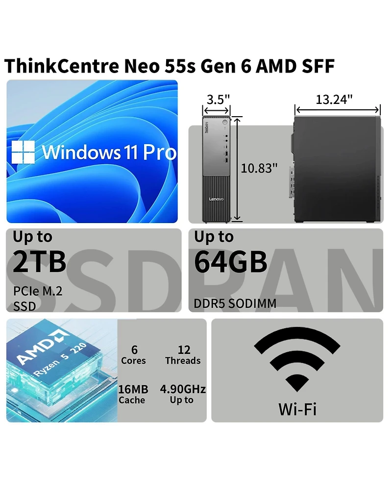 Lenovo ThinkCentre neo 55s Small Form Factor Desktop, Amd Ryzen 5 220, 16GB DDR5, 2TB Ssd, Windows 11 Pro