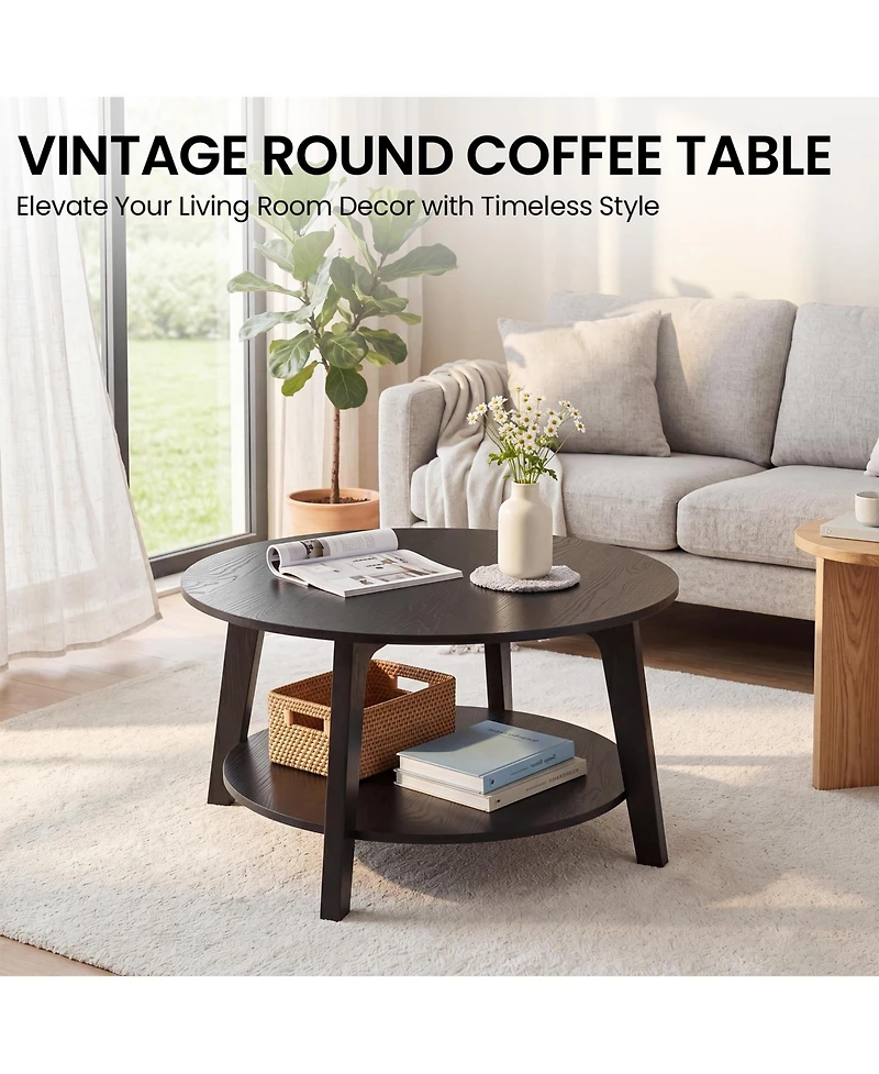 gaomon Round Coffee Table with Storage, 2-Tier Modern Circle Coffee Table for Living Room, Wooden Accent Table with Curved Legs, 31.5"X17.7"