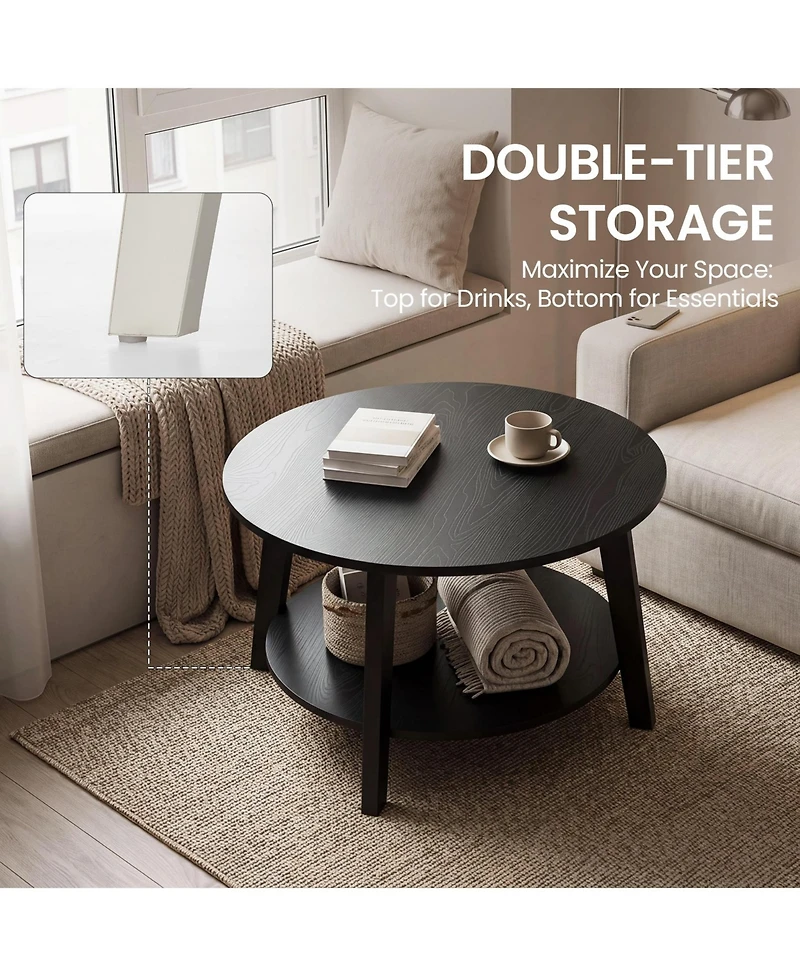 gaomon Round Coffee Table with Storage, 2-Tier Modern Circle Coffee Table for Living Room, Wooden Accent Table with Curved Legs, 31.5"X17.7"