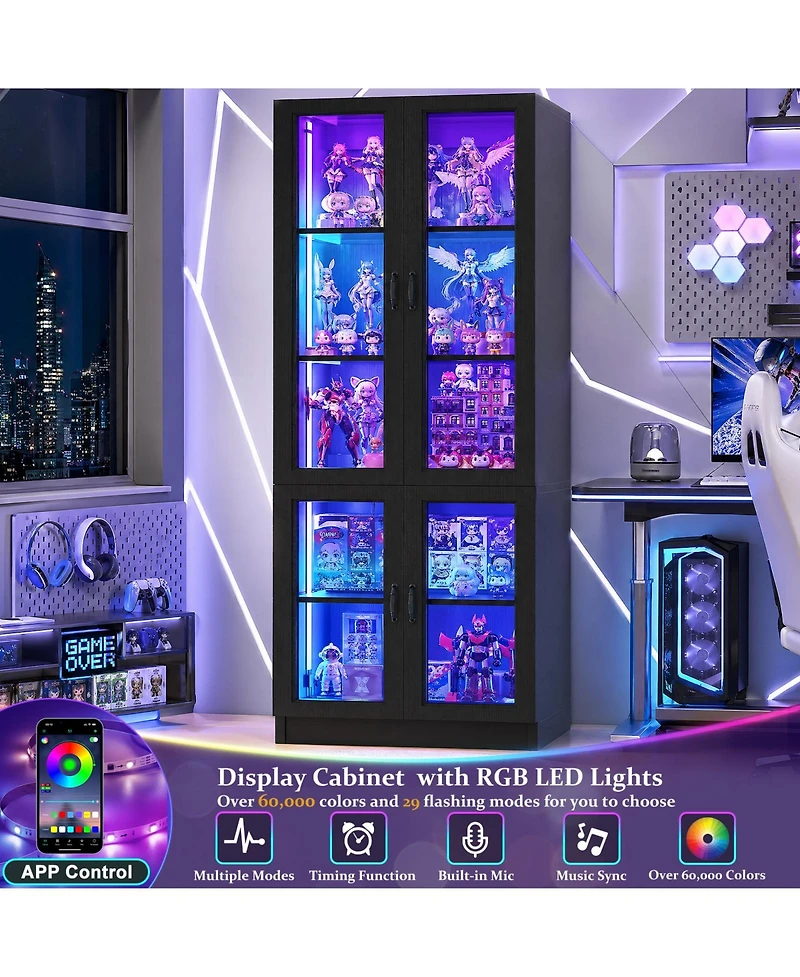 5-Tier Tall Display Cabinet with Glass Doors, 80" Bookcase Led Light