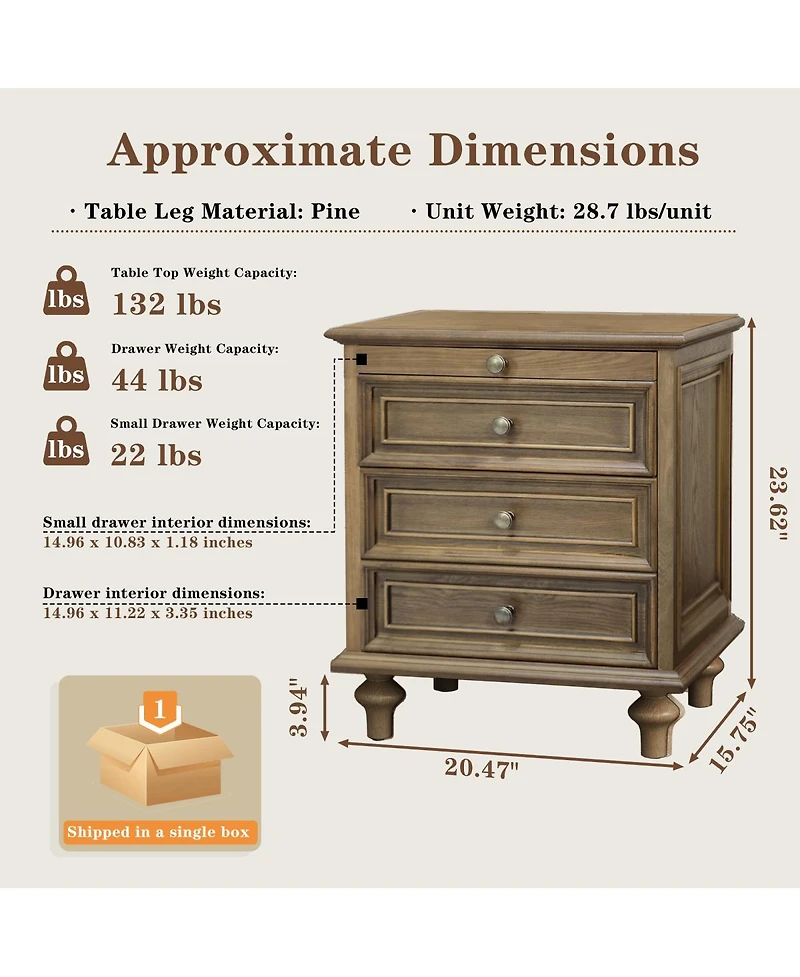 Streamdale Furniture Farmhouse 4-Drawer Nightstand with Hidden Pull-Out Shelf