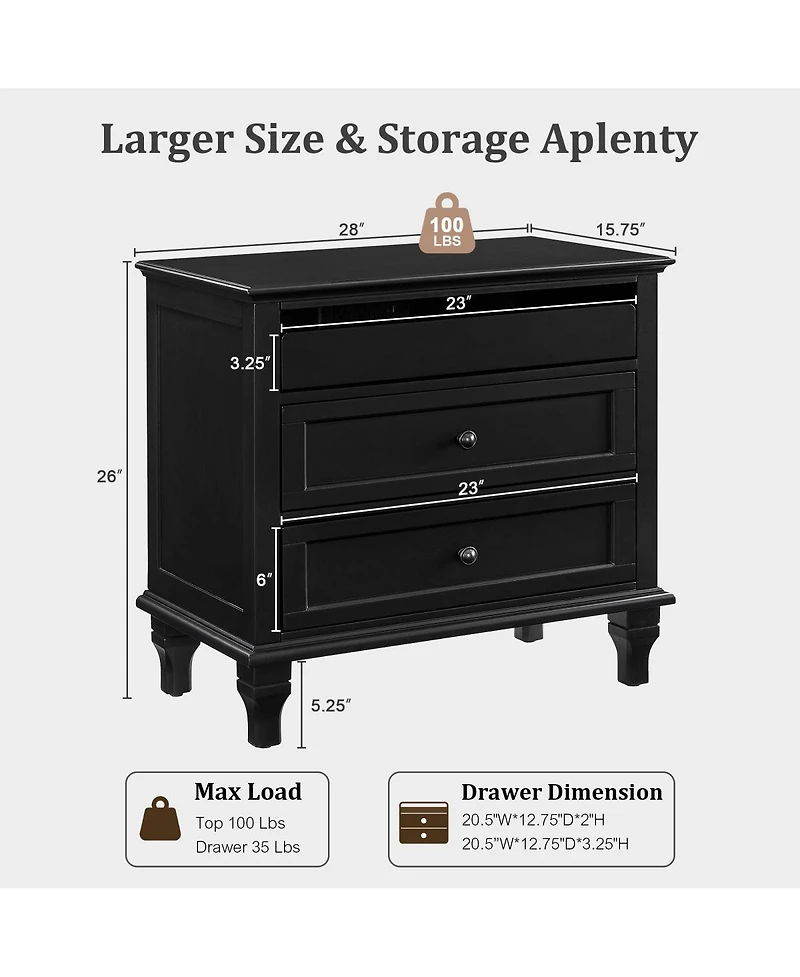 Streamdale Furniture 28" Farmhouse 3-Drawer Nightstand with Charging Station and Usb Ports