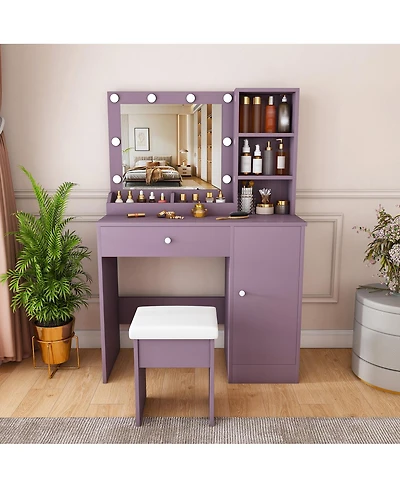 Streamdale Furniture Stylish Vanity Desk Set with Lighted Mirror, Stool and 3 Color Modes