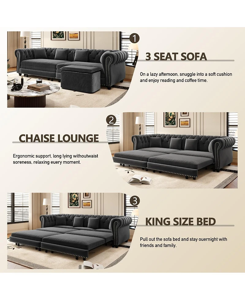 Streamdale Furniture Chesterfield 3-in-1 Velvet Pull-Out Sleeper Sofa with Movable Ottoman