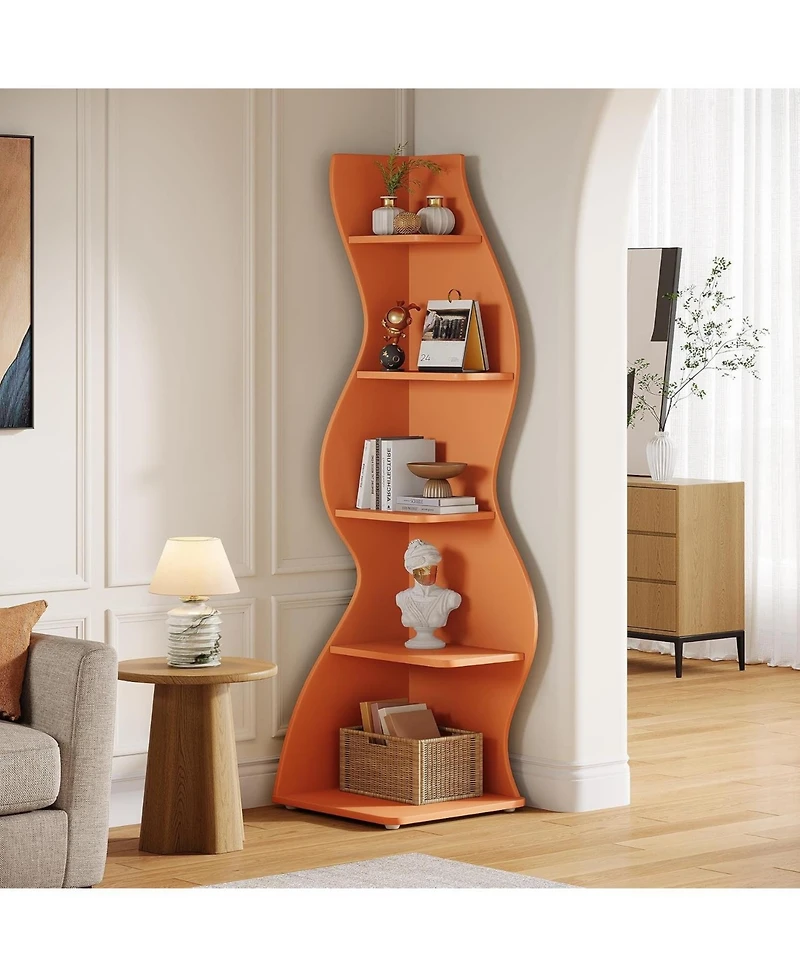 Tribesigns Wavy Corner Shelf Set of 2: 5-tier Curvy Bookshelf. Unique Plant Stand Display Shelf for Living Room, Small Space
