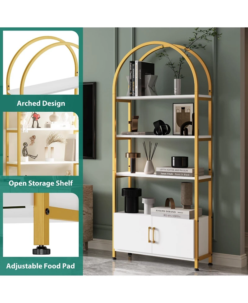 homfan 4 Tier Bookshelf, Arched Bookcase with Doors Storage, 71.5 Inches Tall Industrial Book Shelf with Sturdy Metal Frame and Quality Boards