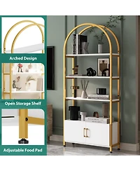 homfan 4 Tier Bookshelf, Arched Bookcase with Doors Storage, 71.5 Inches Tall Industrial Book Shelf with Sturdy Metal Frame and Quality Boards