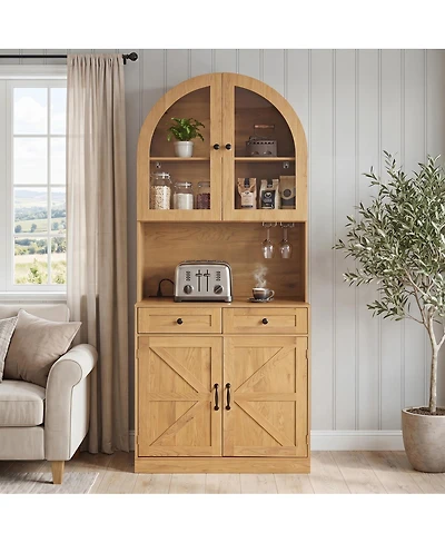 Streamdale Furniture 75" Farmhouse Arched Pantry Cabinet with Charging Station and Coffee Bar