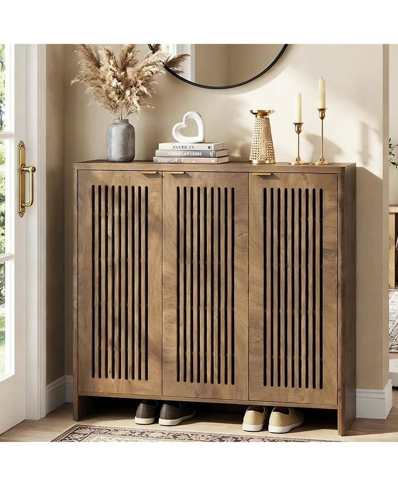 Tribesigns 5-Tier Shoe Cabinet: 3 Doors, Holds 30 Pairs, Storage with Adjustable Shelves, Vertical Slatted Doors, Freestanding for Entryway, Hallway
