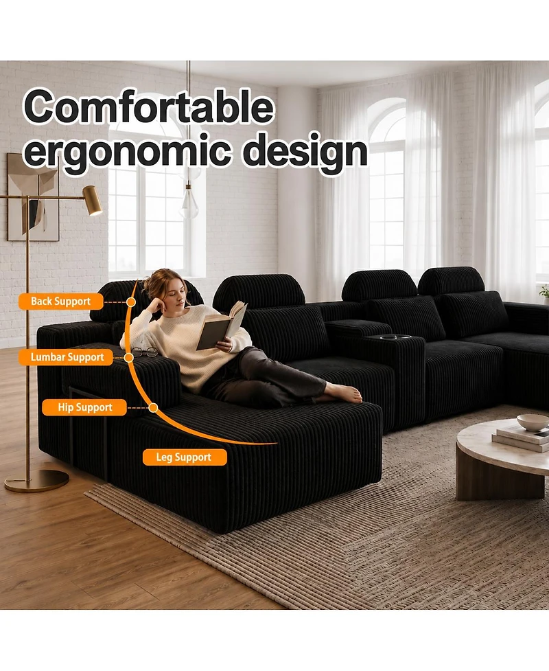 Streamdale Furniture Modern Corduroy 6-Seater U-Shaped Modular Sofa with Cup Holders