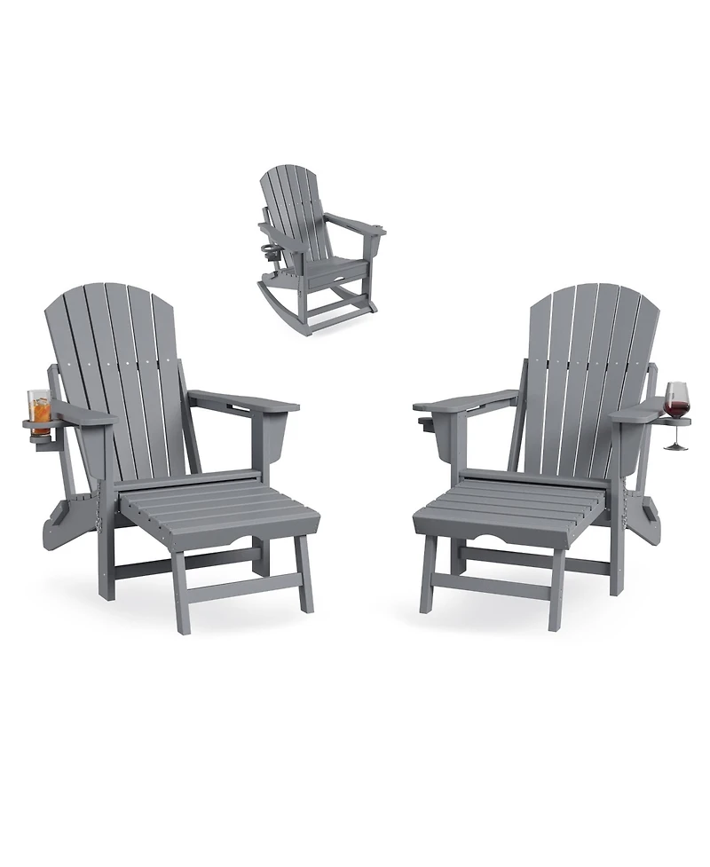 homfan Set of 2 Outdoor Folding Rocking Adirondack Chairs Patio Rocking Chair with Retractable Ottoman Footrest for Garden and Deck