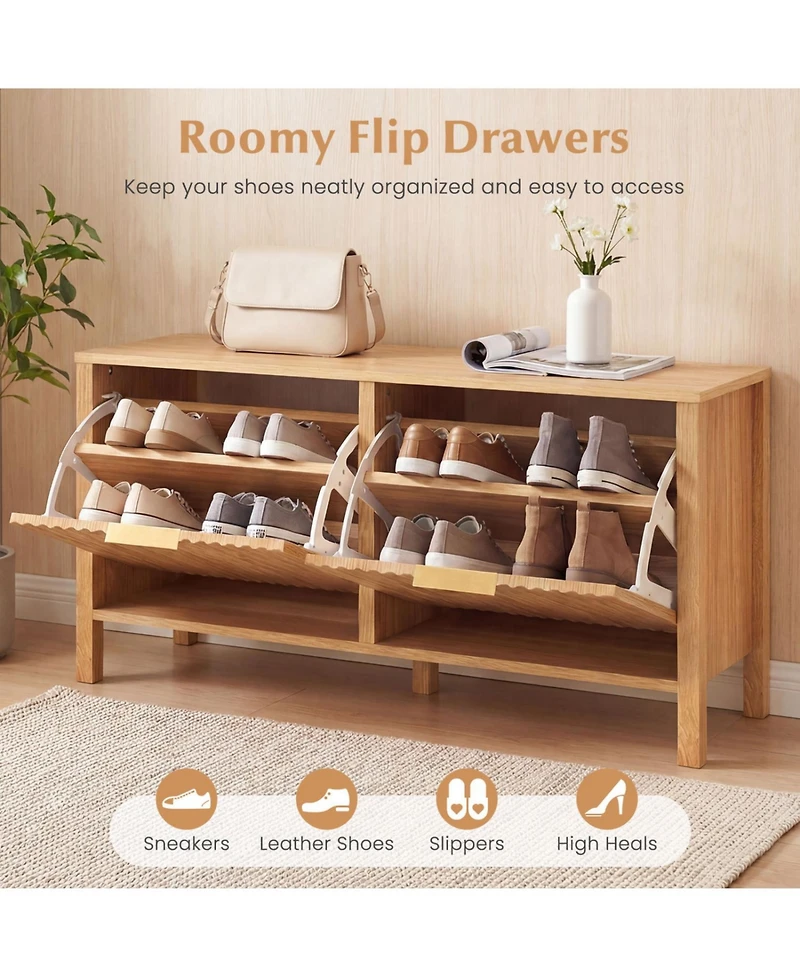 Slickblue Wooden Shoe Storage Bench with 2 Flip Drawers for Entryway Organization
