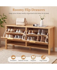Slickblue Wooden Shoe Storage Bench with 2 Flip Drawers for Entryway Organization