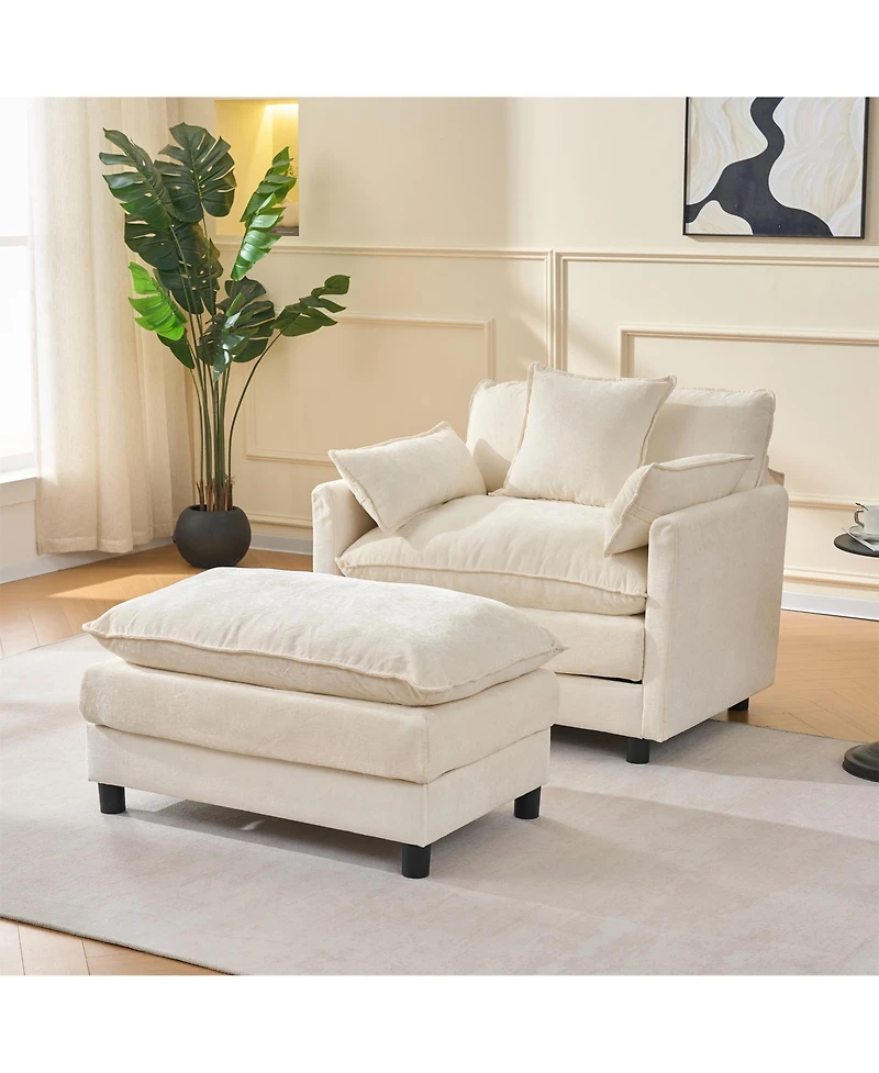 Clihome 39.4" Modern Chenille Accent Chair with Footrest, Single Lounge Pillow Armrest