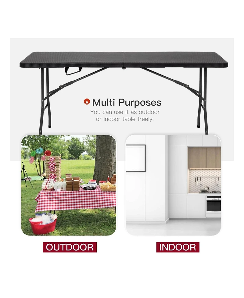 Aofar 6 Feet Folding Table Portable Plastic Steel Frame Lock Carry Handle Black Ratten