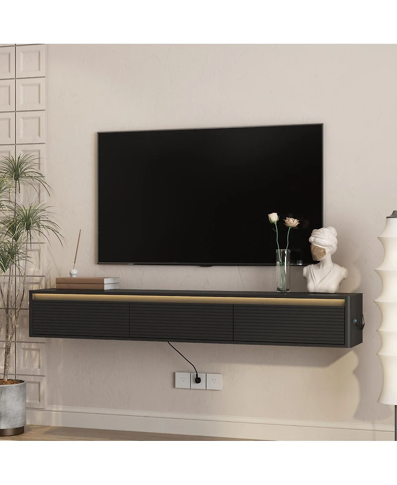 Streamdale Furniture Floating Wall-Mounted Tv Stand with Led Lights and Power Outlet