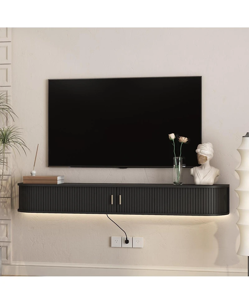 Streamdale Furniture 69" Modern Floating Tv Stand with 16-Color Led Lights and Sliding Doors