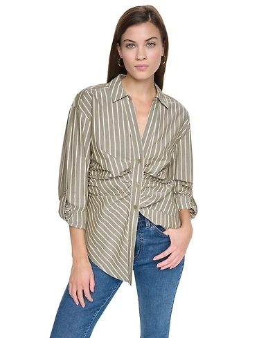 Dkny Jeans Women's Ruched Roll-Tab Sleeve Button-Front Shirt