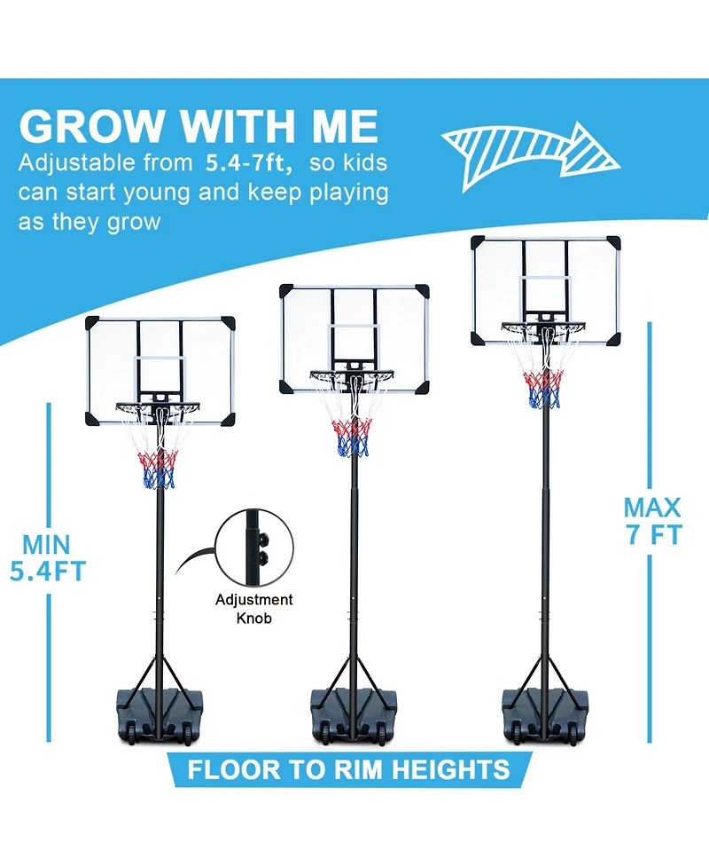Zeny Portable Basketball Hoop Stand with Wheels for Kids Youth Adjustable Height 5.4ft - 7ft Use for Indoor Outdoor Basketball Goals Play Set