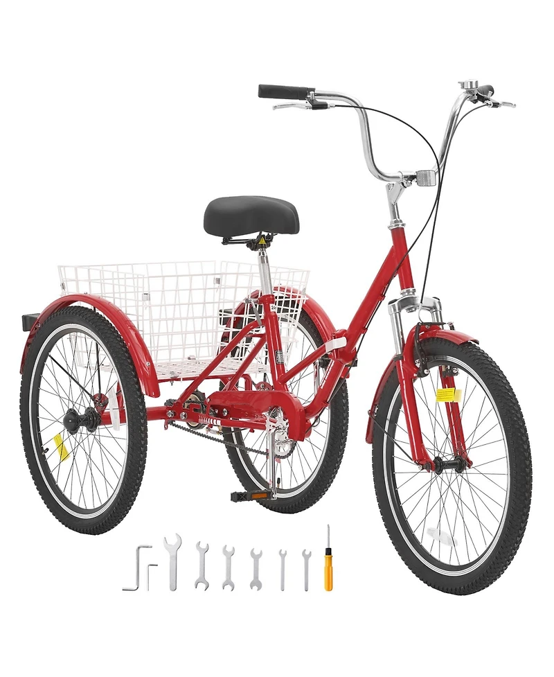 Vevor Folding Adult Tricycle 24" Adult 3-Wheel Folding Trikes Carbon Steel